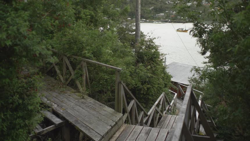 A wooden dock on a lake surrounded by trees