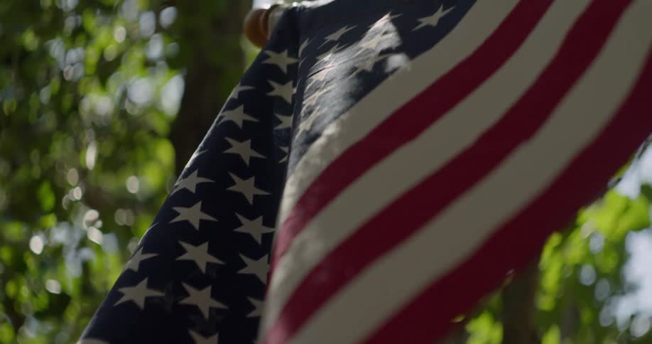 The american flag waving in a light breeze with trees and leaves behind it