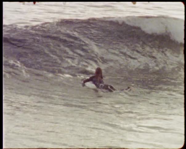 Women on a surfboard going over a wave in the ocean and seeing another person