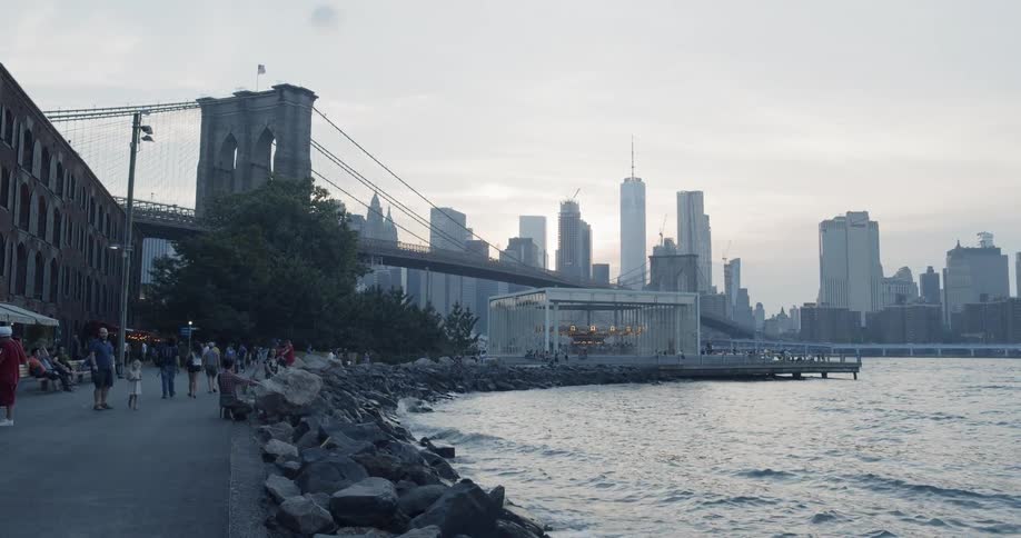 A crowd of people moving along a Brooklyn waterfront during the day