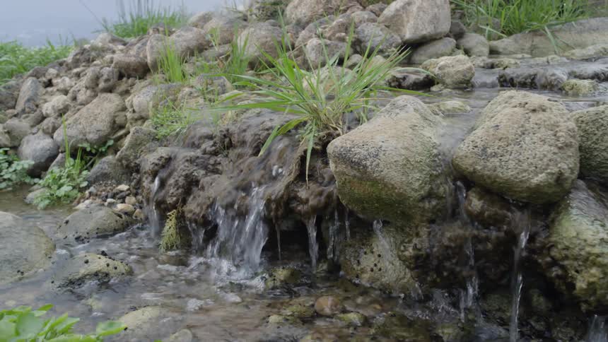 A stream flows over rocks and grass