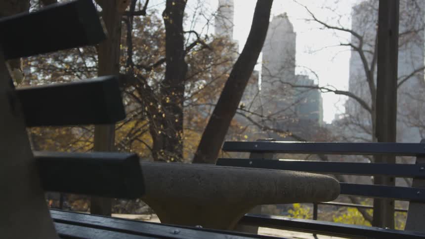 Camera looks across a table at a large city