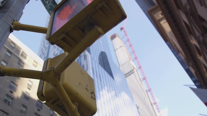 Looking up past traffic lights to city skyscrapers on a sunny day