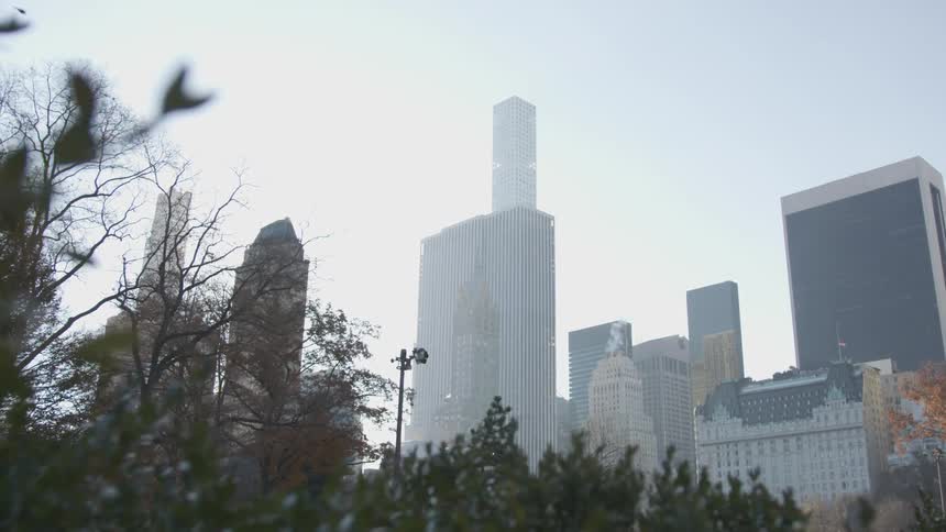 An urban park is surrounded by skyscrapers and buildings