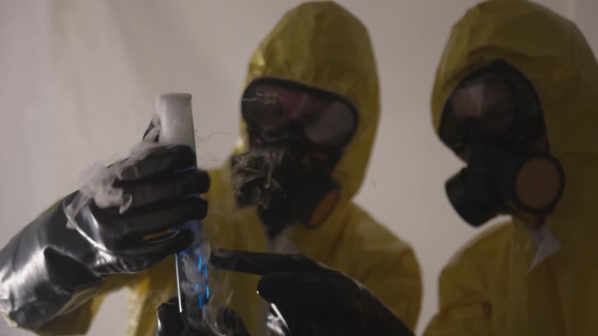 Two people wearing hazmat suits are handling and looking at a blue liquid in a tube