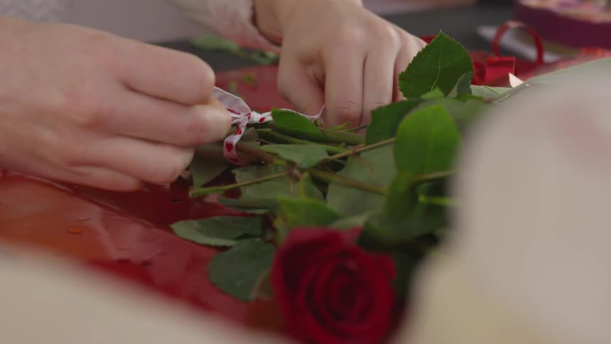 Person ties bow around bouquet of roses