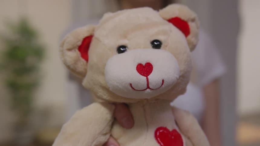 A girl holding out a teddy bear