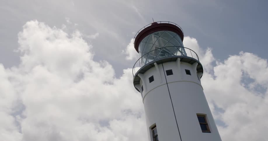 A lighthouse is against a cloudy backdrop