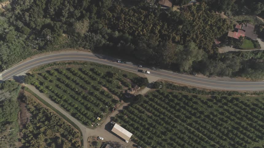 Cars drive down a road between houses and fields