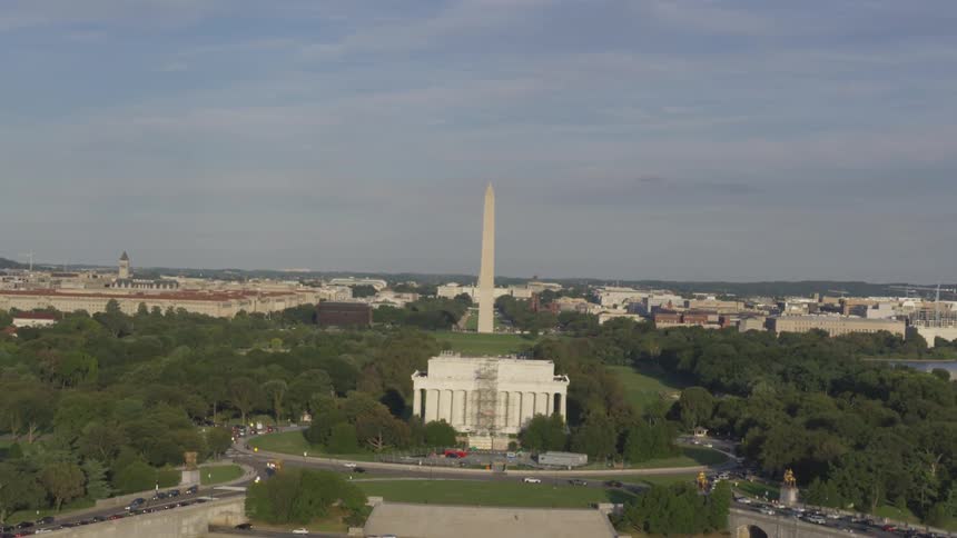 An aerial view of the washington monument at day