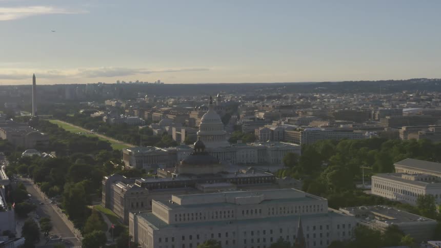 Camera looks towards the capitol building and the washington monument