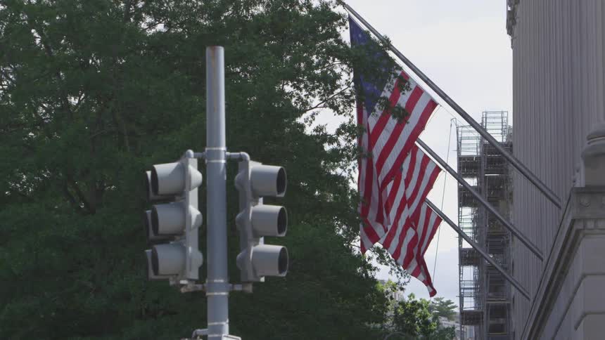 Several united states flags are posted along the side of a large building with many columns as a simple street light stands in front of it all