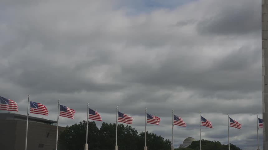 A row of american flags blowing in the wind under a cloudy sky