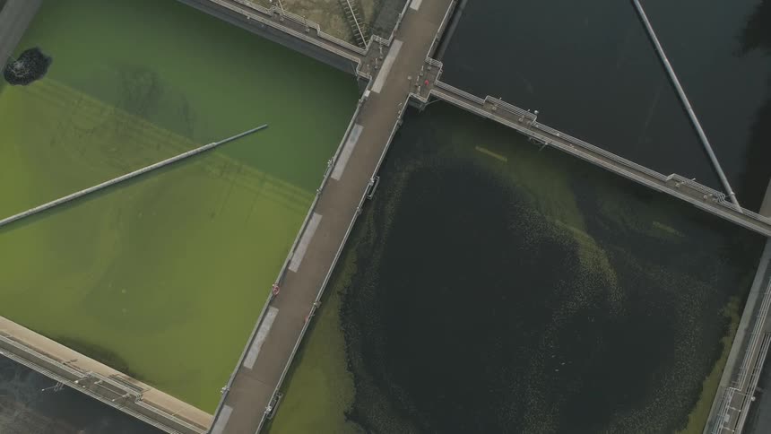 Aerial view of concrete slabs filled with water