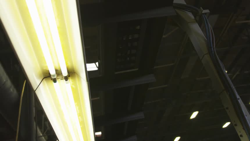 Bright lights on the ceiling of a factory