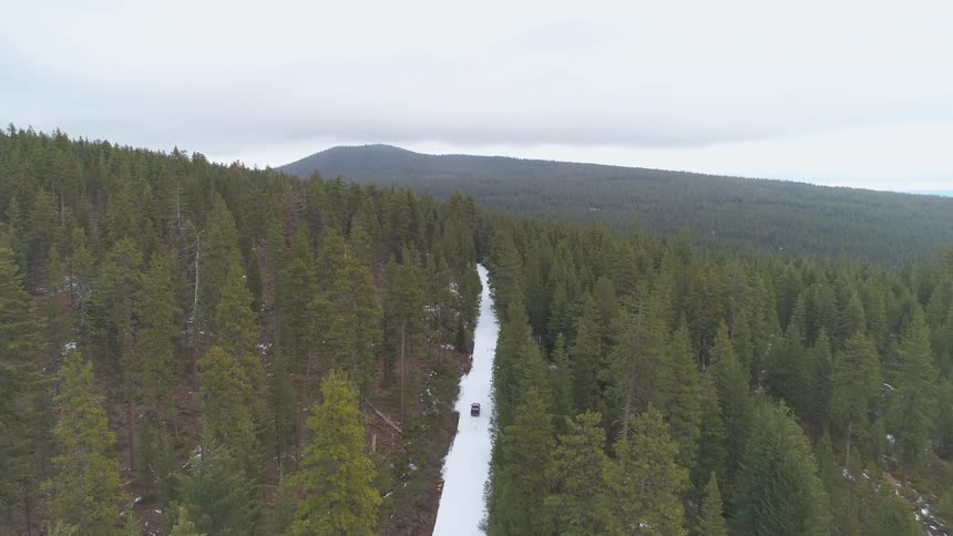 Truck drives on snow covered road in forest