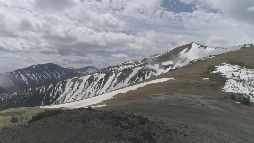 Shrubs grow along the top of a mountain peak in a range of mountains