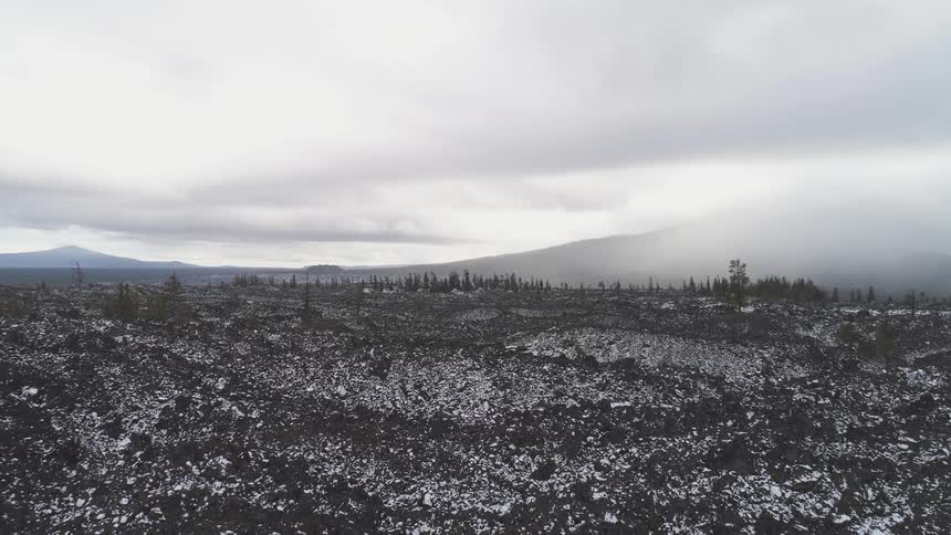 The camera looks out over a landscape full of snow and trees