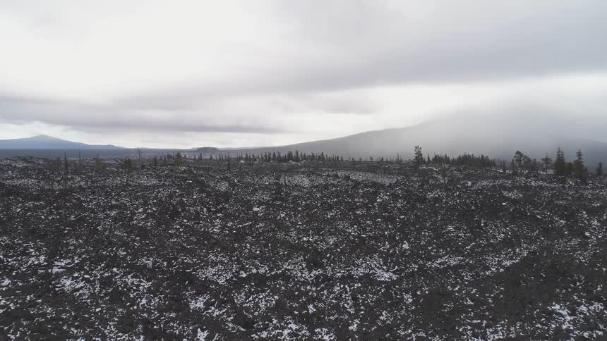 A rocky expanse of land with trees and snow on it