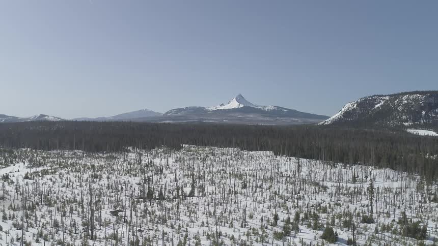 Snow covered land sits near the snow covered mountains