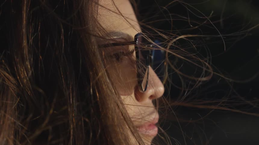 Woman with sunglasses stares as her hair blows in the wind
