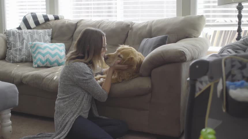 Woman talks and pets her dog who is laying on a couch