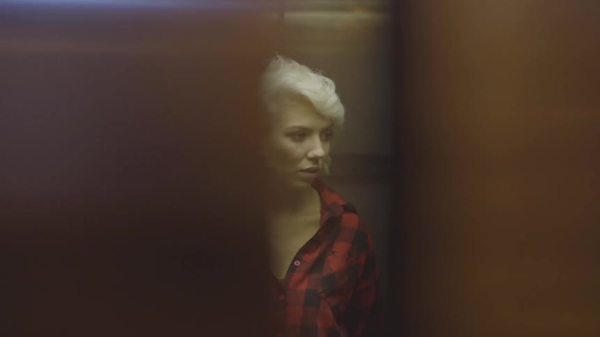 An elevator door closes with a woman inside