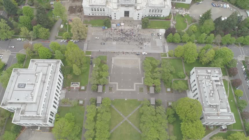 Aerial view of a downtown city and government buildings
