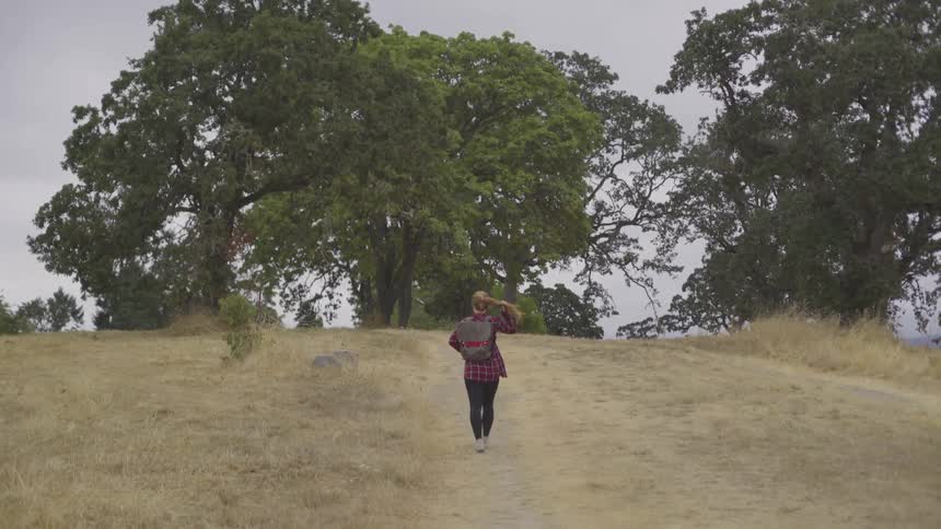 Woman wearing backpack hikes across field toward stand of trees