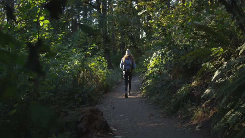 A woman walks along a wooded trail