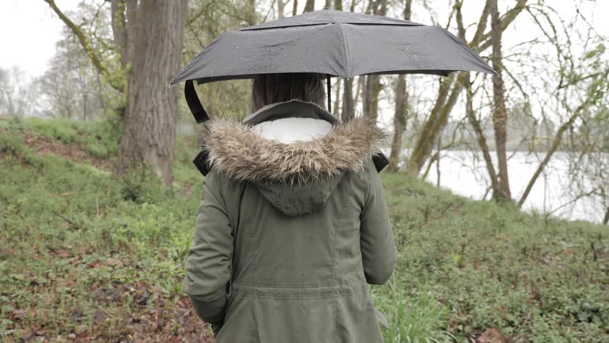 A woman walks in the rain