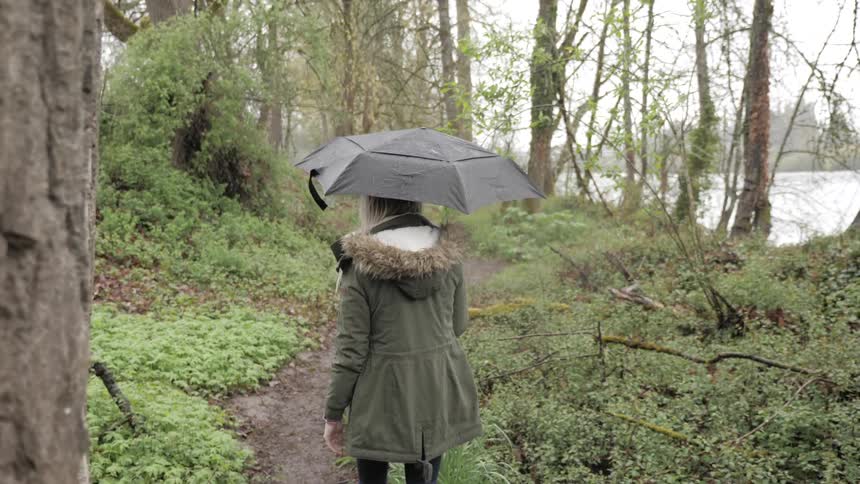 Woman wearing green coat and carrying a black umbrella walks in the forest path on a rainy day