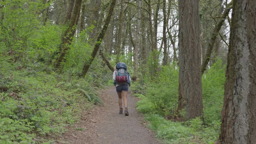 A woman hikes up a trail in the forest