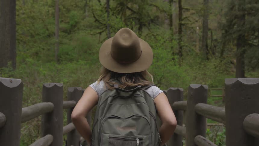A woman walks on a narrow bridge in the forest