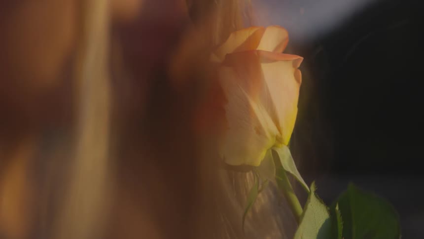 Woman smells orange pink rose