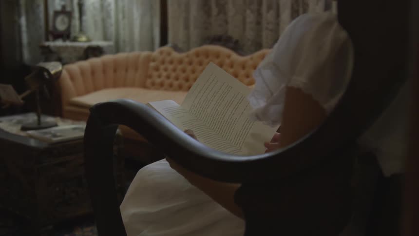 A woman in a chair in a sitting room reading a book