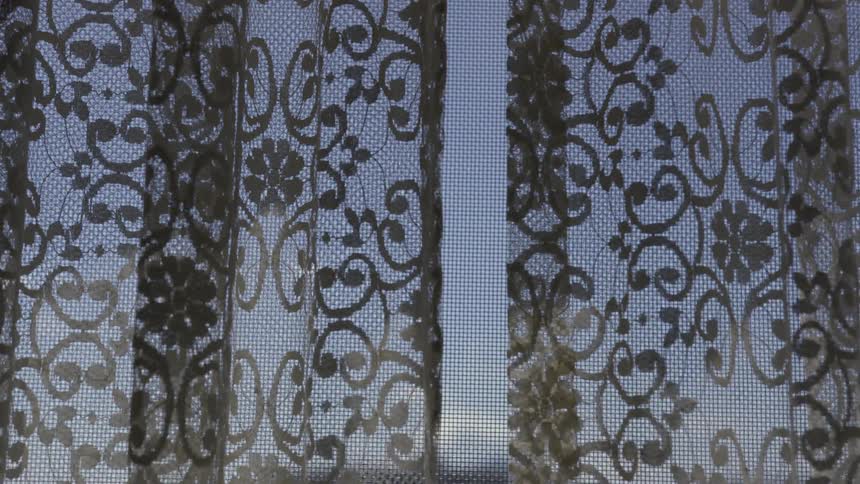 A pair of lace curtains covering a window near a blue sky