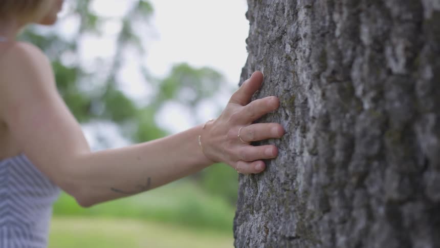 A woman outside standing near a tree with her hand feeling the tree bark