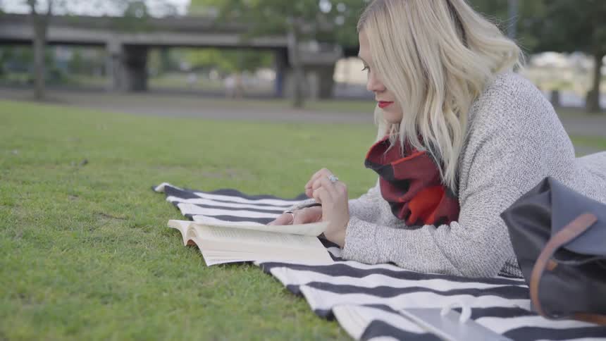 Woman lying on blanket in park reads book