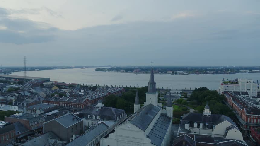 Aerial view of city and bridge on river