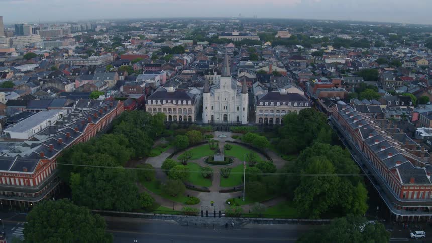Skyline of the city with the public park at dusk