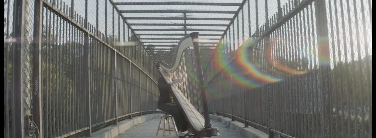 A person playing harp on a bridge