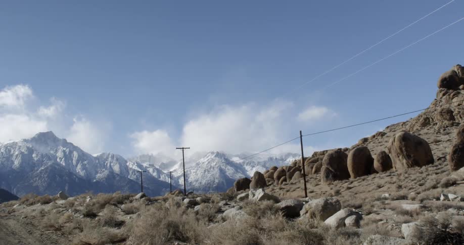 Snow capped mountains boulders and rocks