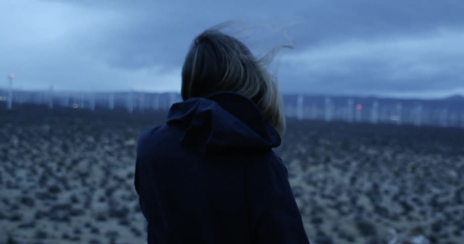 Woman stands in a shrubby field on a windy day