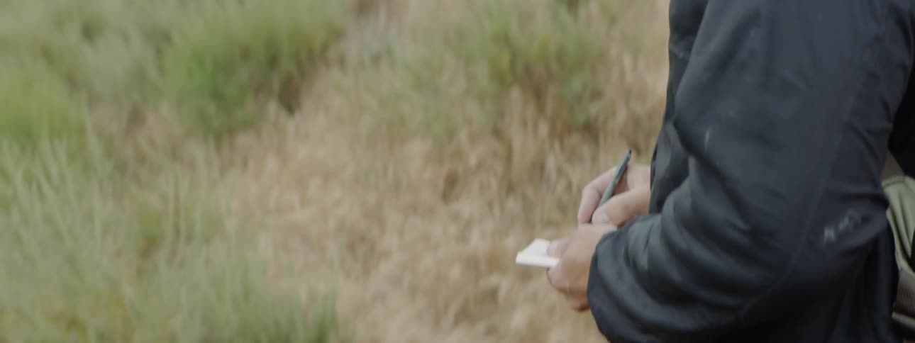 A man looks at photograph and writes something down
