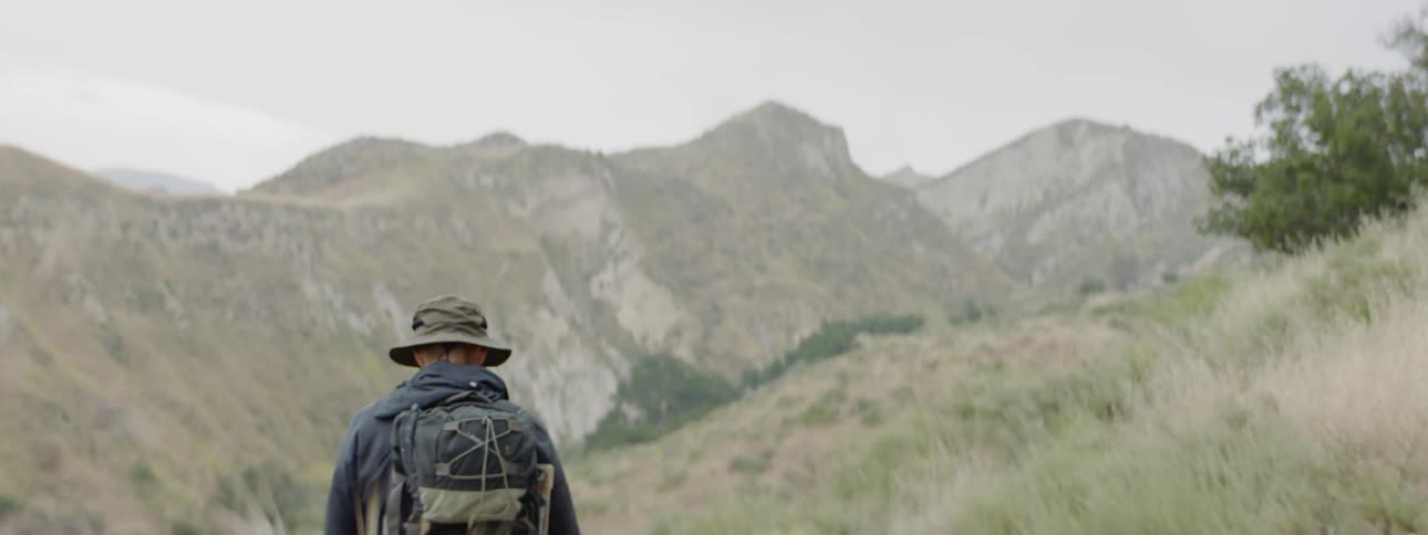 A man with a backpack on looks at a mountain