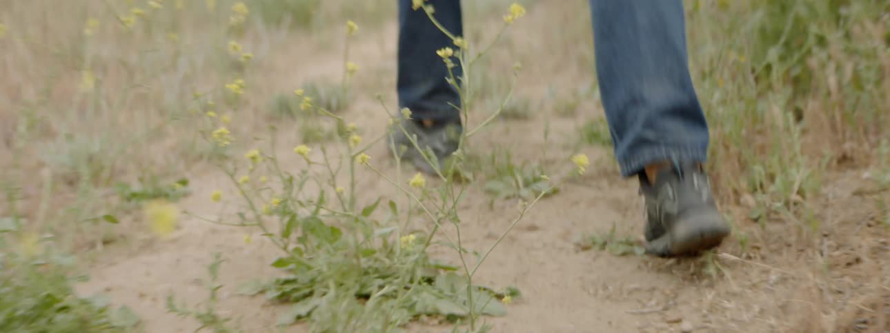 Man with backpack hiking through field