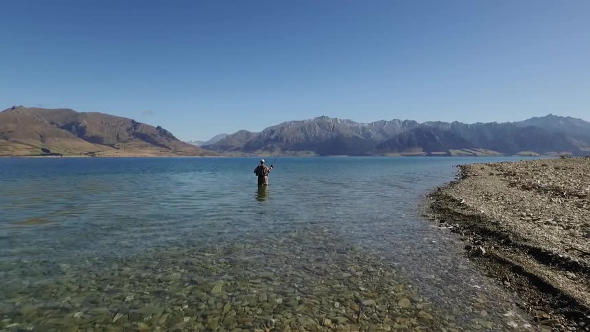 A man is fishing in a river close to the shore on a sunny day