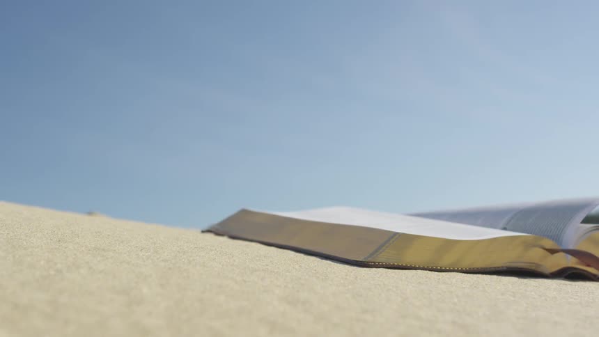 A book rests in the sand with its pages blowing in the wind