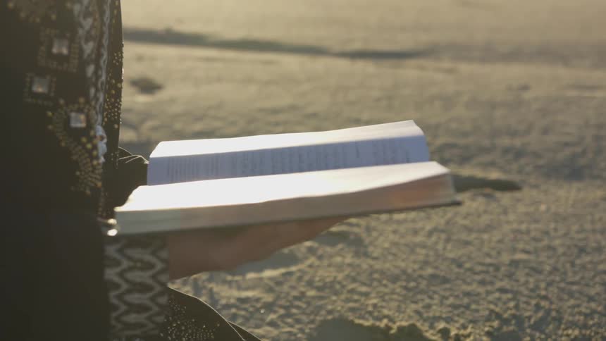 Someone reads a book in the sand